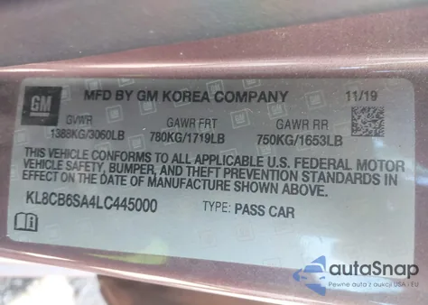 2020 Chevrolet Spark Fwd Ls Automatic z USA, uszkodzony, nr VIN KL8CB6SA4LC445000